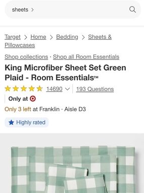 Room Essentials Green and White Plaid King Sheet Set